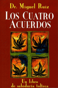 Portada de 'Los 4 Acuerdos' de Miguel Ruiz en 'Es de Leer': tono marrón rojizo con collage de hojas.