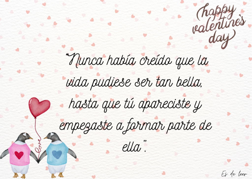 arjeta de 'Es de Leer' para San Valentín con 'Happy Valentine's Day', fondo blanco y mini corazones, pingüinos cogidos de la mano con globo de corazón.