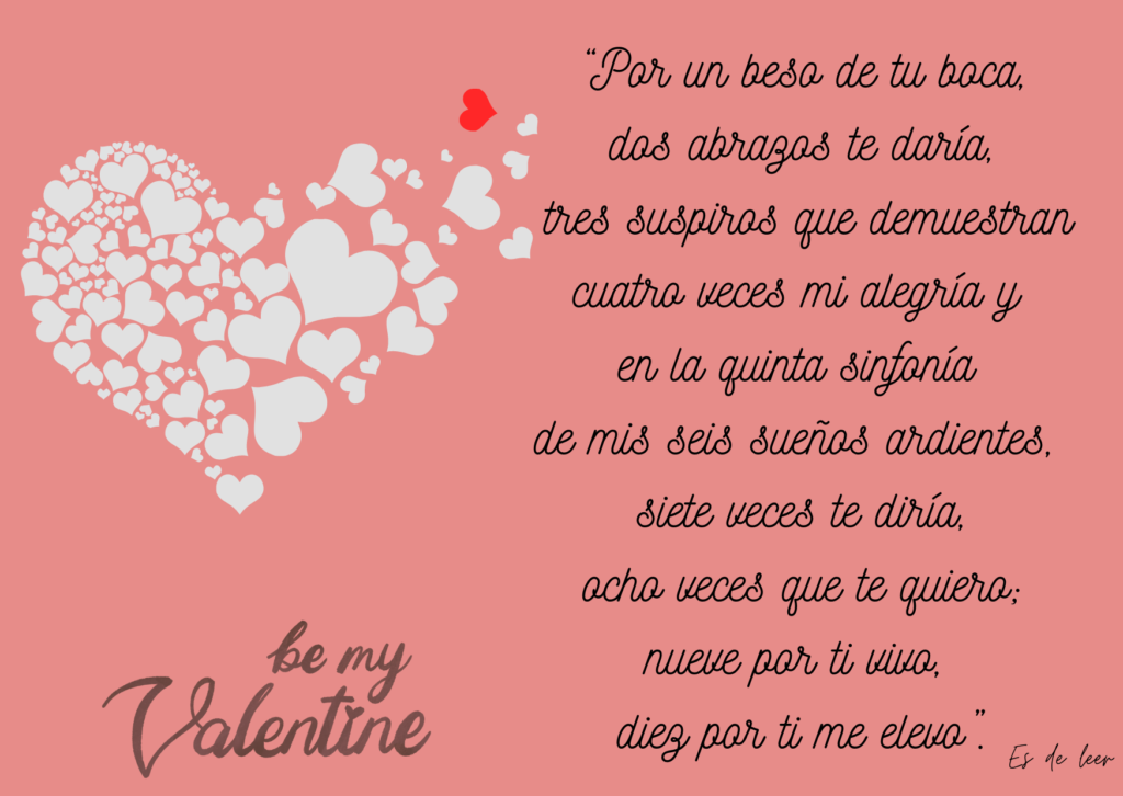 Tarjeta de San Valentín de 'Es de Leer' con un gran corazón formado por corazones pequeños y Be My Valentine