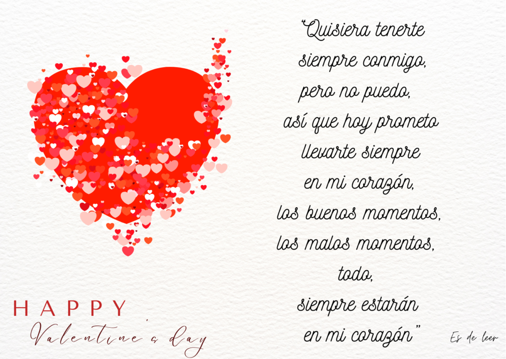 Tarjeta de San Valentín de 'Es de Leer' con fondo blanco, corazón grande rojo y corazones rosas pequeños, más 'Happy Valentine's Day'