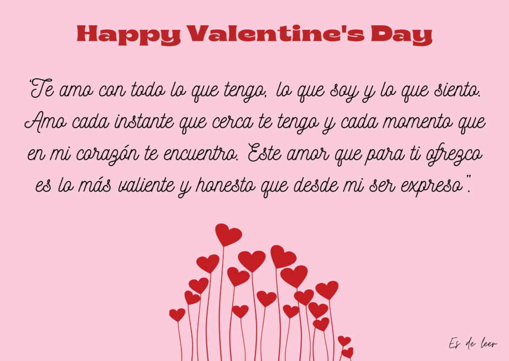 "Tarjeta de 'Es de Leer' para San Valentín con dedicatoria, fondo rosa, corazones rojos en hilo y 'Happy Valentine's Day