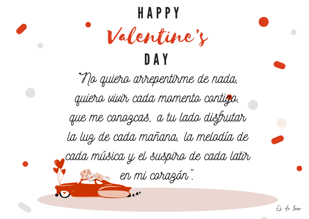 Tarjeta de San Valentín de 'Es de Leer' mostrando un coche descapotable con globos rosas y rojos, sobre fondo blanco con motitas de color, acompañado de una felicitación y 'Happy Valentine's Day