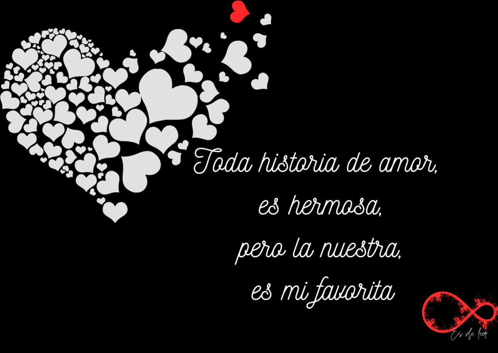 Tarjeta de San Valentín de 'Es de Leer' con fondo negro, corazón rojo, corazones grises en forma de corazón grande, y símbolo del infinito