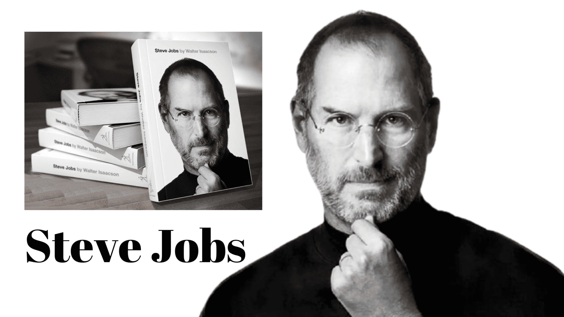 Composición de una biografía de Steve Jobs junto a su retrato emblemático en blanco y negro