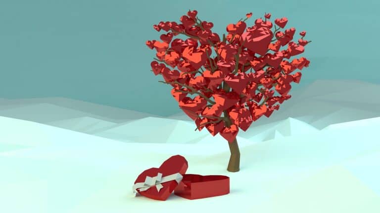 Tarjeta de felicitación de San Valentín de 'Es de Leer' con corazones rojos en un árbol, sobre un fondo azul, ideal para expresar amor y afecto.