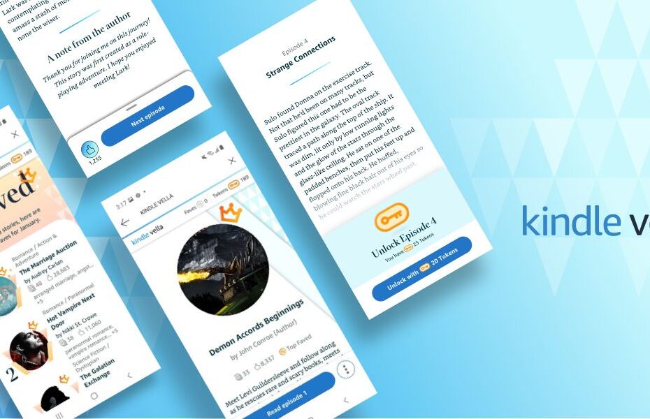 Captura de pantalla de la interfaz de Kindle Vella mostrando las historias más populares y opciones para desbloquear episodios, resaltando la facilidad y accesibilidad de la plataforma de lectura episódica de Amazon